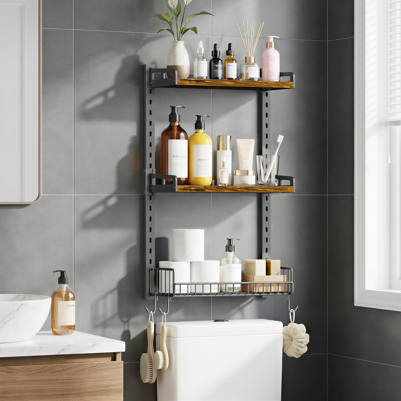 3 Tier Bathroom Shelves Over Toilet - Wall Mounted Floating Shelves