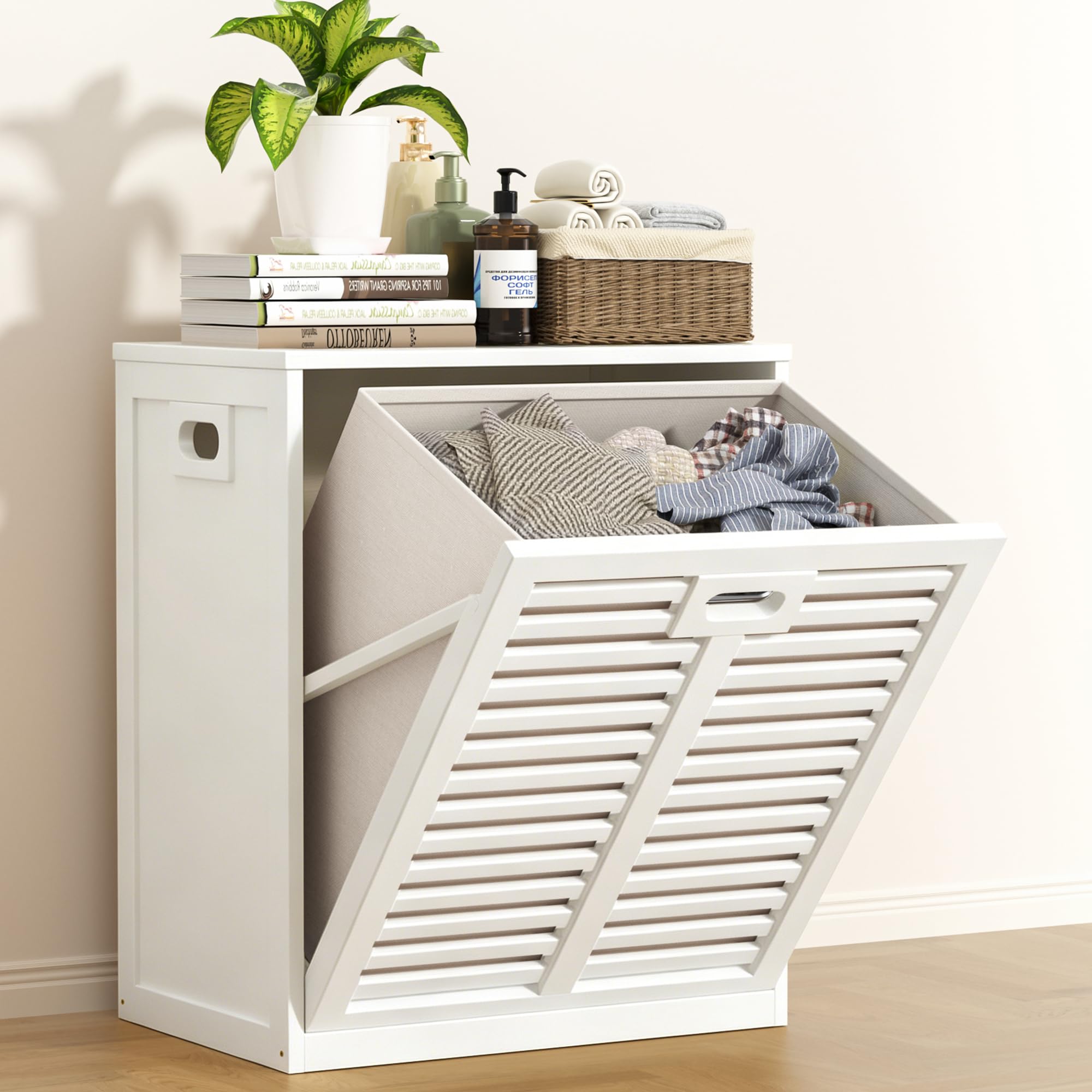 Bamboo Laundry Cabinet with Hidden Removable Basket