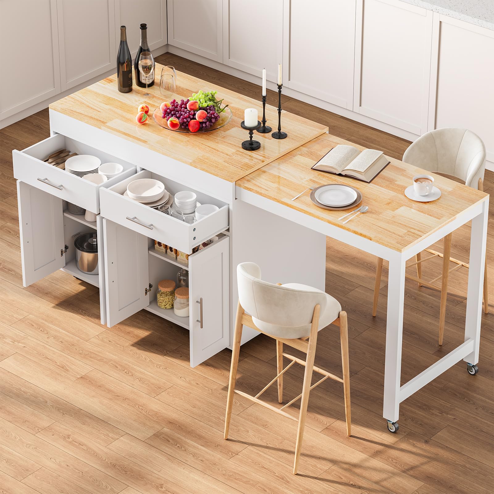78" Rolling Kitchen Island with Extendable Dining Table