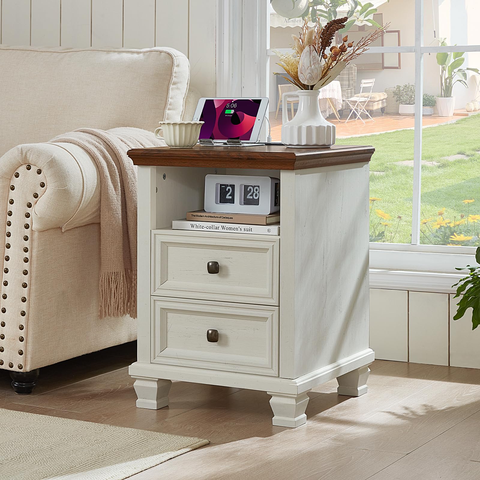 Farmhouse Side Table with Charging Station