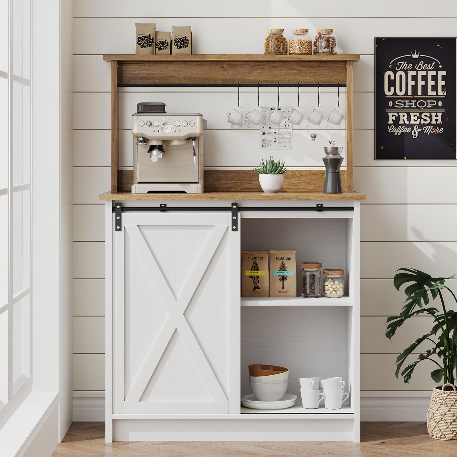 White Coffee Bar Cabinet with Storage Sliding