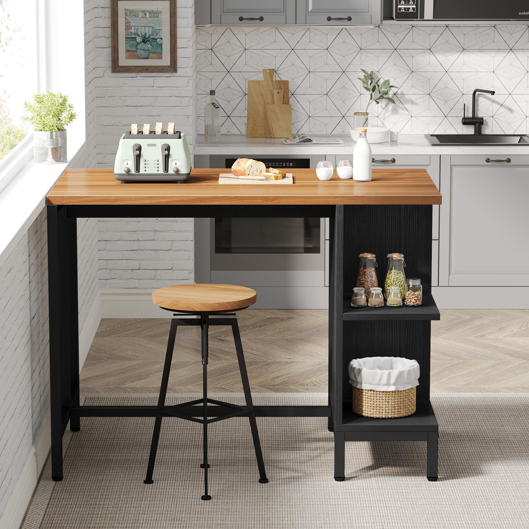 Kitchen Shelf Bar Table with 5 Open Storage Shelves and Large Worktop