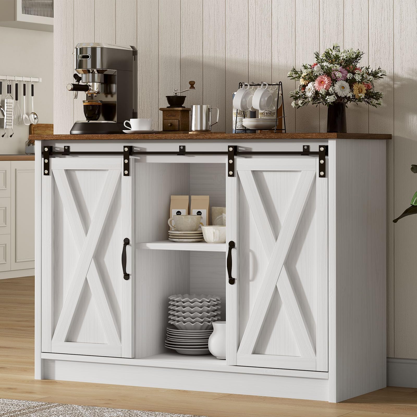 Farmhouse Coffee Bar Cabinet, 42" Buffet Cabinet with Storage and Adjustable Shelf for Small Spaces, Coffee Station Cabinet with Sliding Barn Doors for Kitchen, Dining Room, White