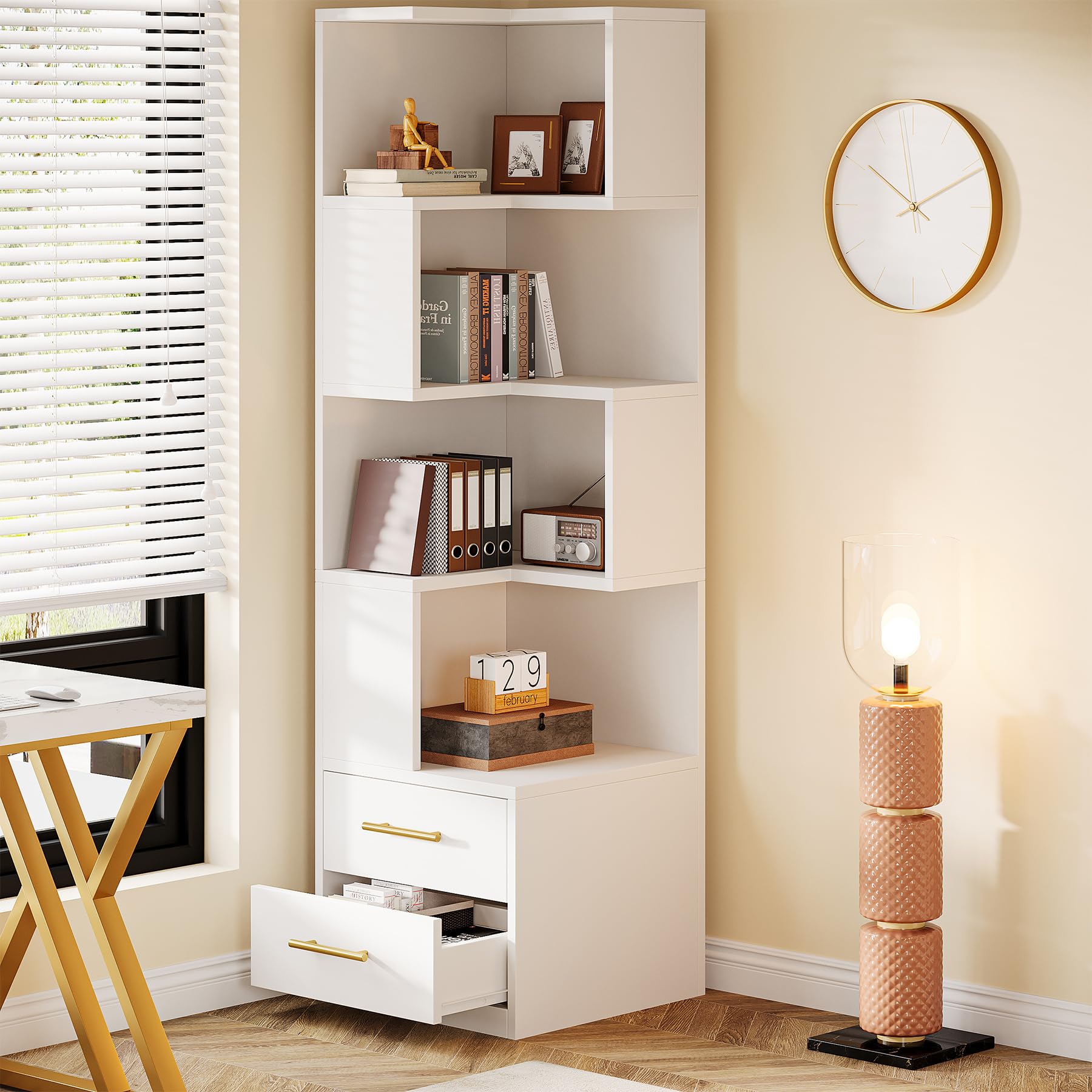 5-Tier Corner Bookshelf with 2 Drawers_复制