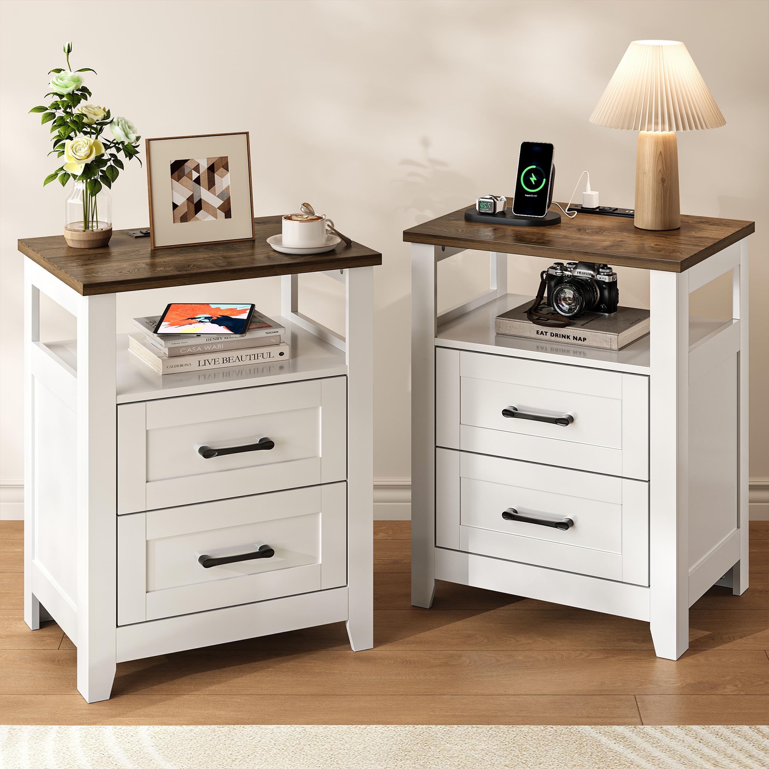 Farmhouse Nightstand with Charging Station
