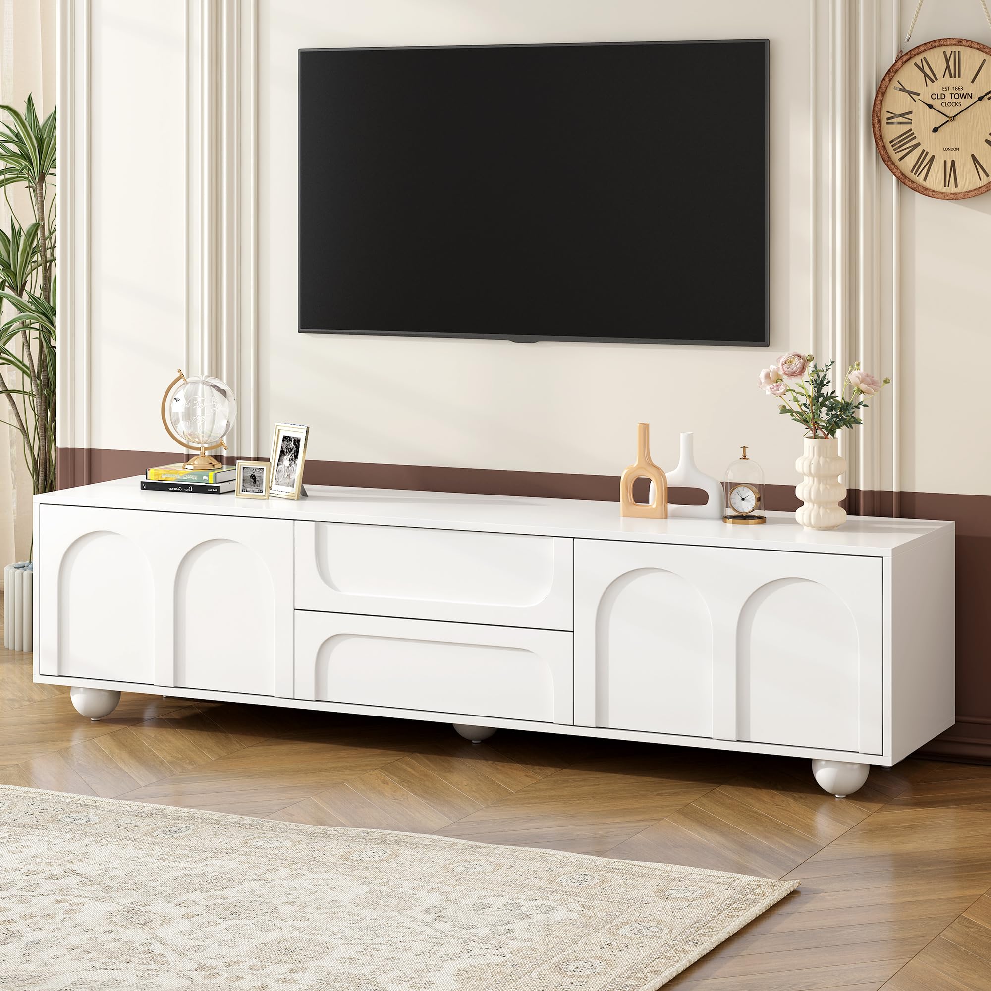 Modern TV Stand with 2 Drawers, Cream Style TV Cabinet for TVs up to 75", Arched Door, for Living Room, White